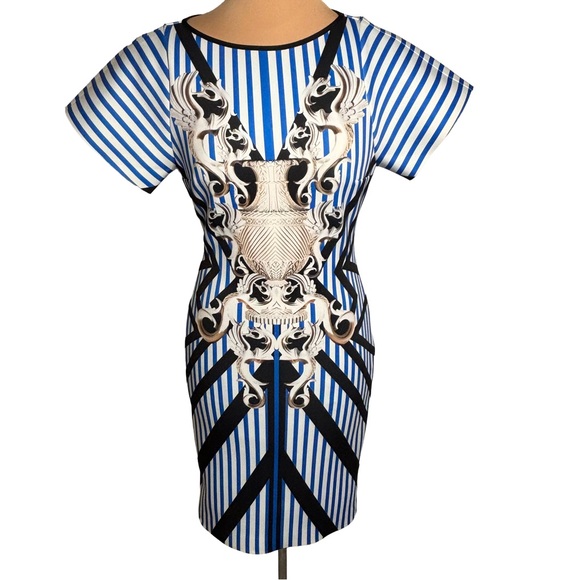Clover Canyon Blue Stripe Baroque Print Bodycon Dress Scuba Size Small